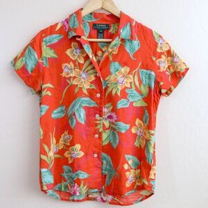 Lauren Ralph Lauren Petite Floral Linen‎ Button Down Short Sleeve Camp Shirt P/P